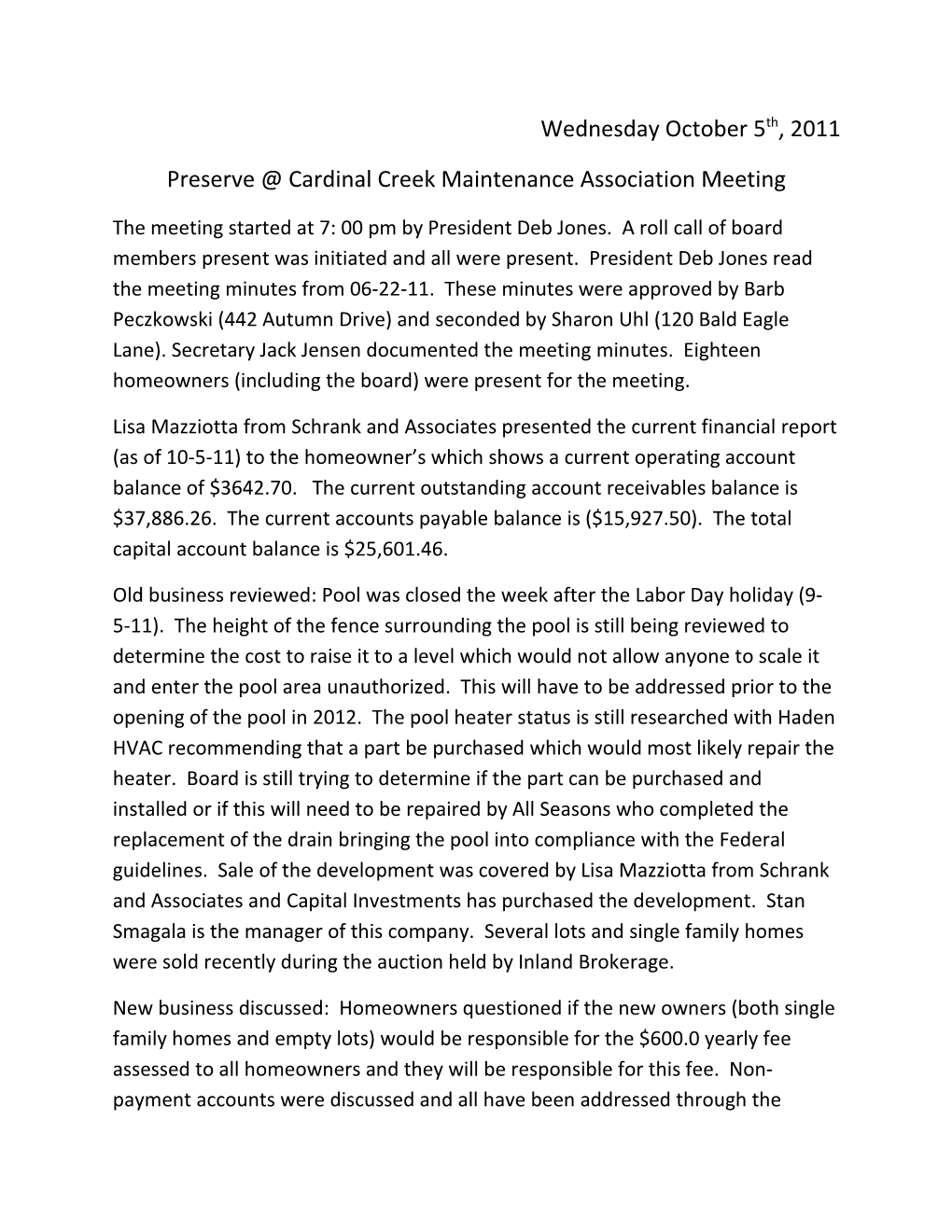 Preserve Cardinal Creek Maintenance Association Meeting