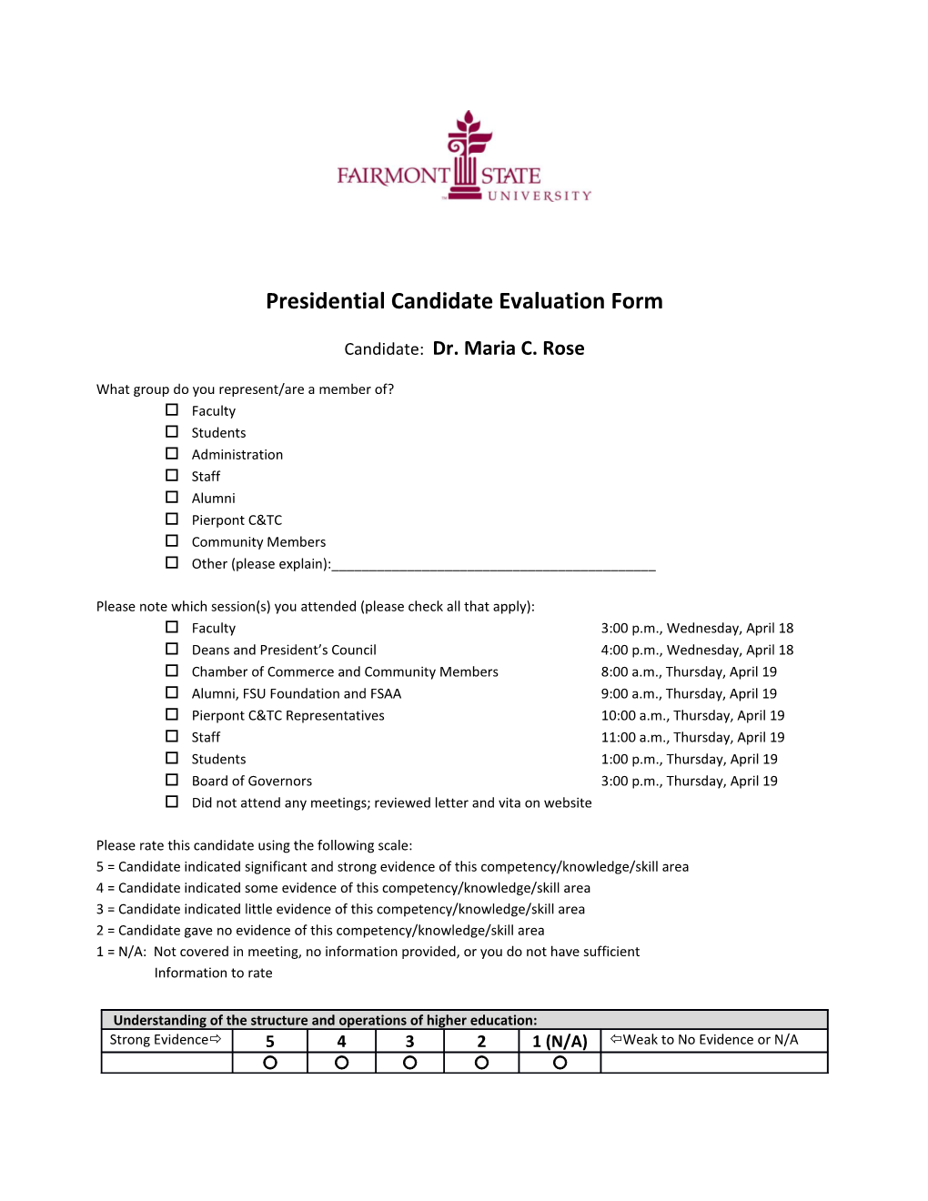 Presidential Candidate Evaluation Form