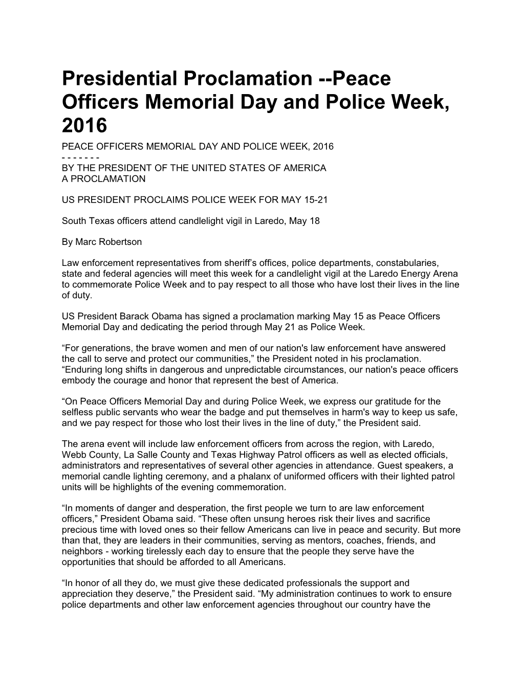 Presidential Proclamation Peace Officers Memorial Day and Police Week, 2016