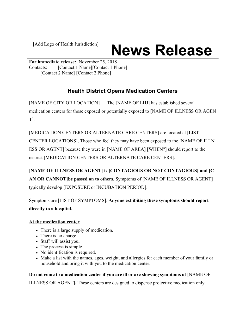 Press Release: Medication Centers Established