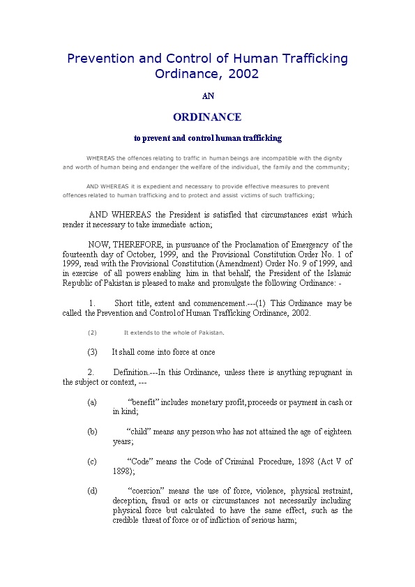 Prevention and Control of Human Trafficking Ordinance, 2002