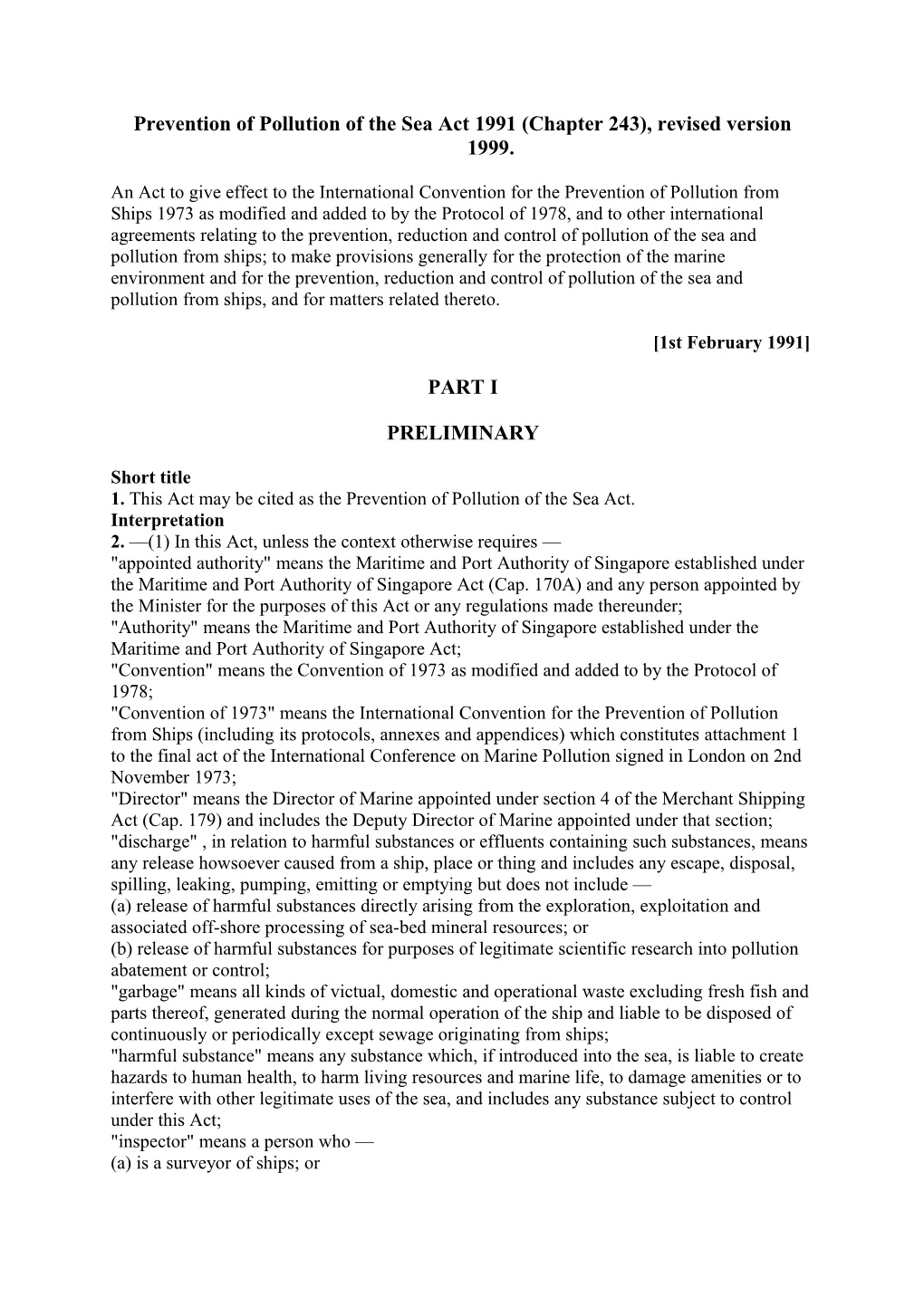 Prevention of Pollution of the Sea Act 1991 (Chapter 243), Revised Version 1999