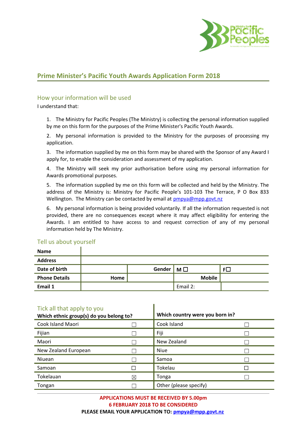 Prime Minister S Pacific Youth Awards Application Form 2018