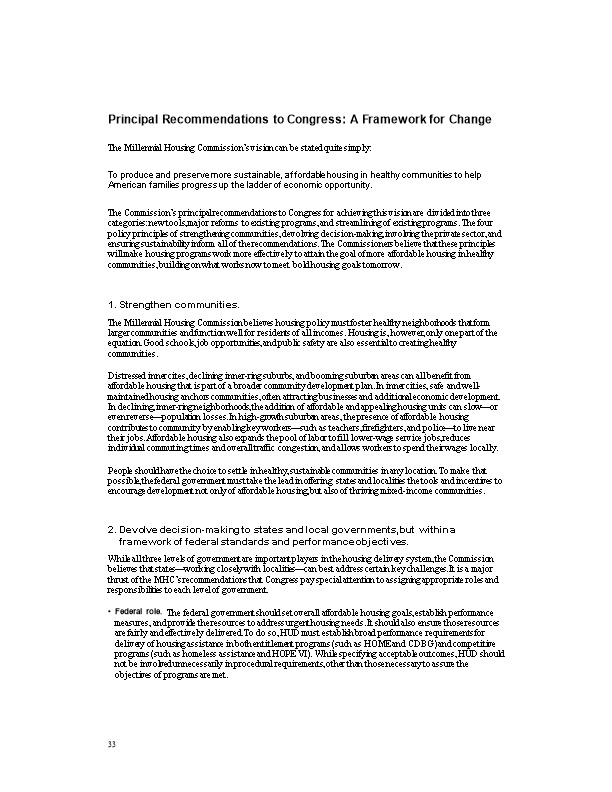 Principal Recommendations to Congress: a Framework for Change