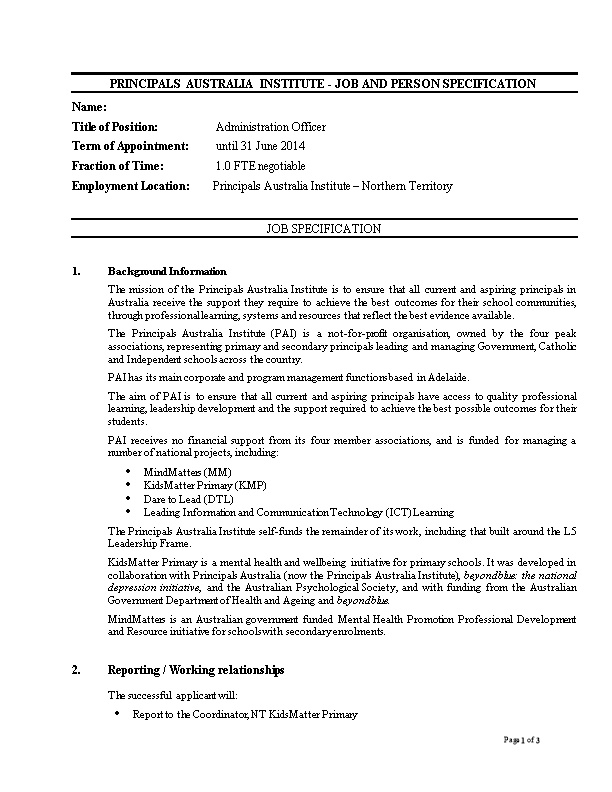 Principals Australia INSTITUTE - Job and Person Specification