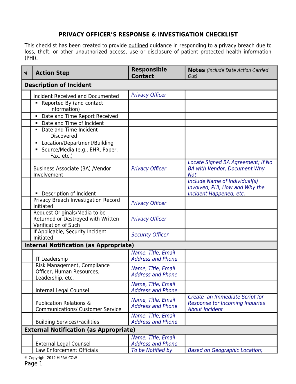 Privacy Officer S Response & Investigation Checklist