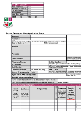 Private Exam Candidate Application Form Exam Series: Nov Jan May/June (Delete)