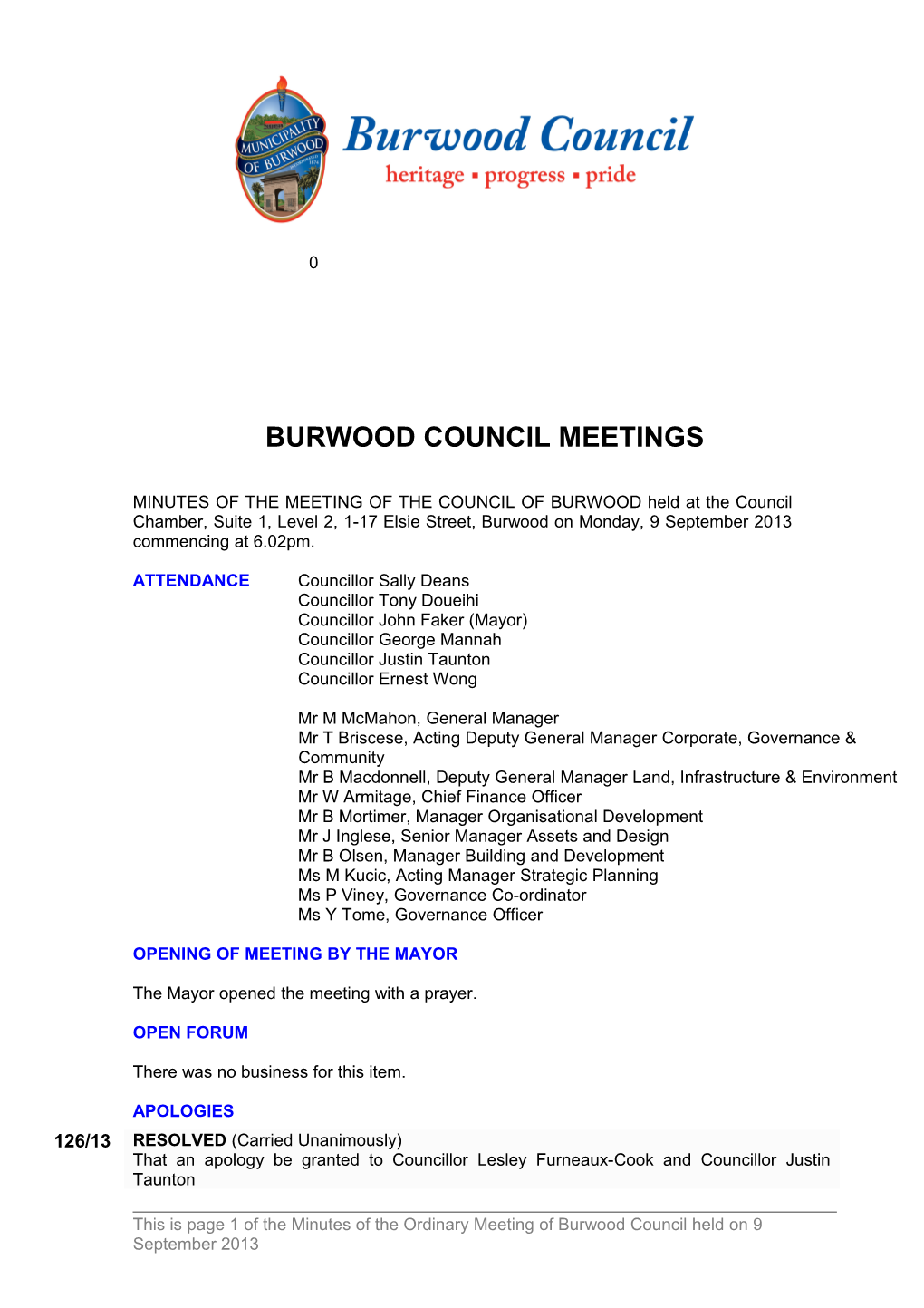 Pro-Forma Minutes of Burwood Council Meetings - 9 September 2013