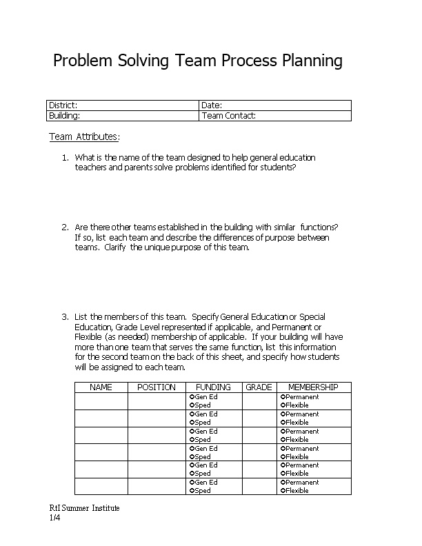 Problem Solving Team Process Planning