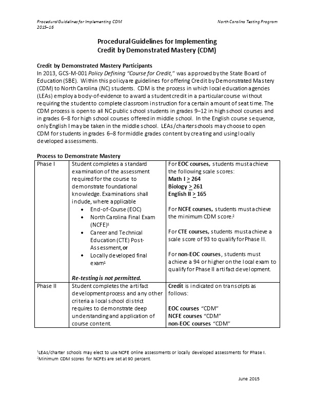 Procedural Guidelines for Implementing Cdmnorth Carolina Testing Program