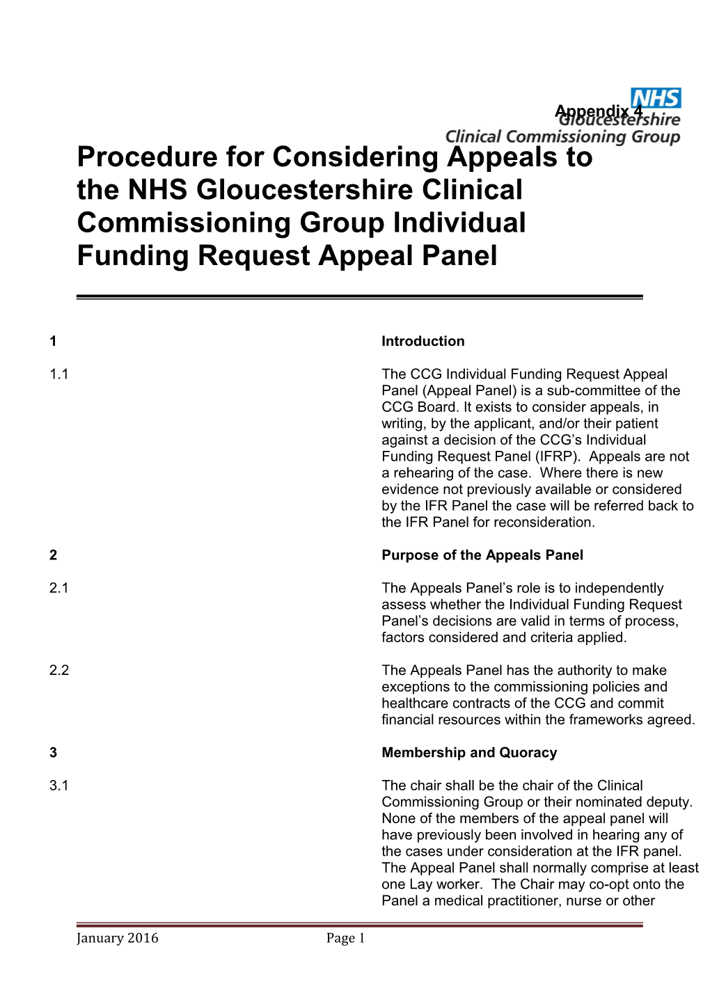 Procedure for Considering Appeals to the NHS Gloucestershire Clinical Commissioning Group