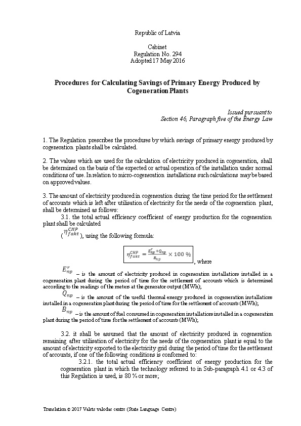 Procedures for Calculating Savings of Primary Energy Produced by Cogeneration Plants