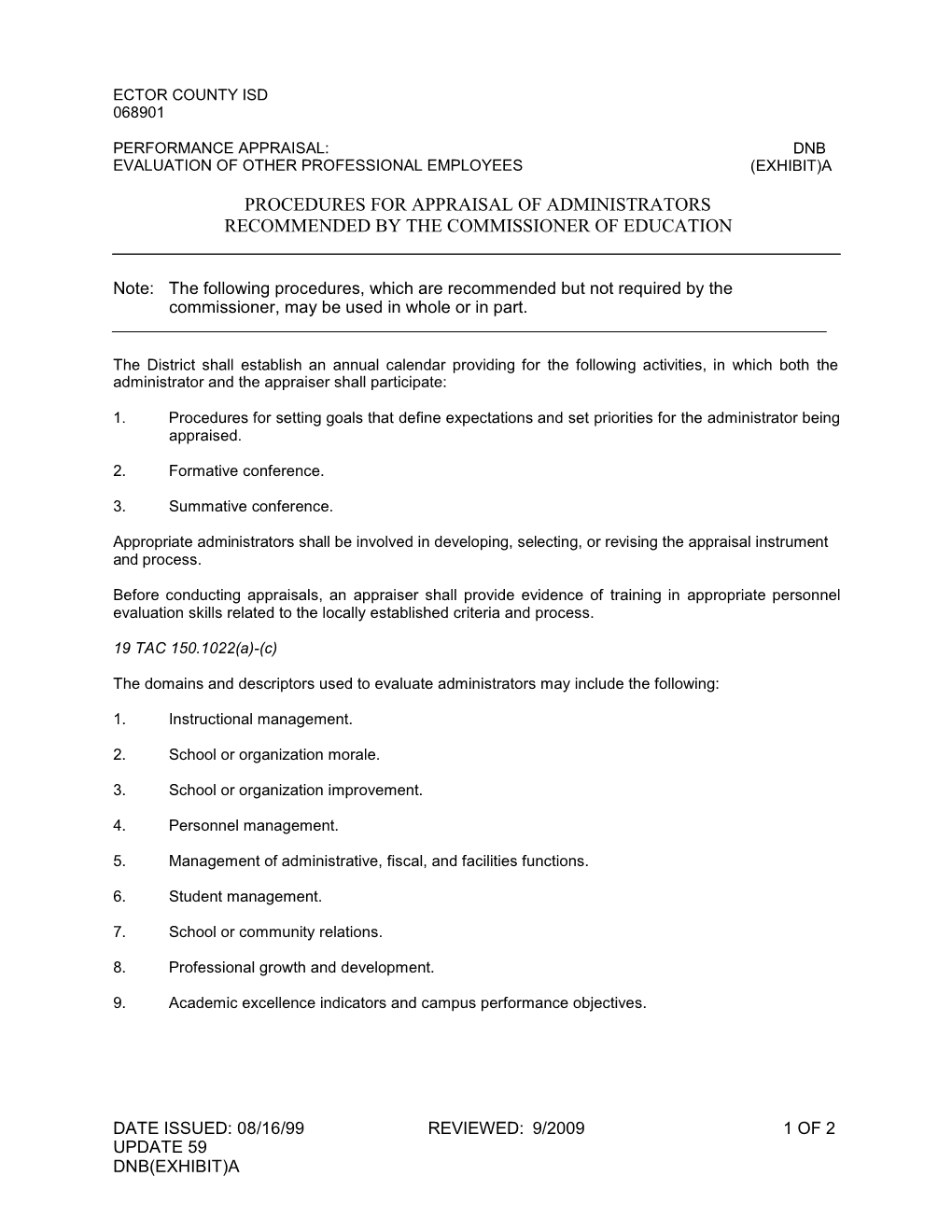 Proceduresfor Appraisalof Administrators Recommended by the Commissioner of Education