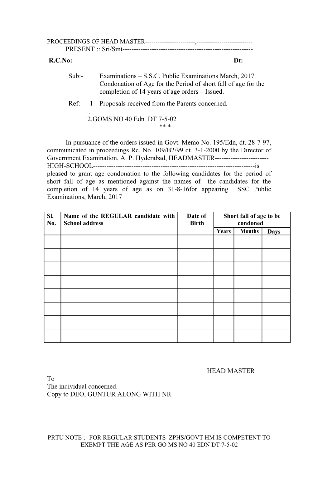 Proceedings of the District Educational Officer Chittoor
