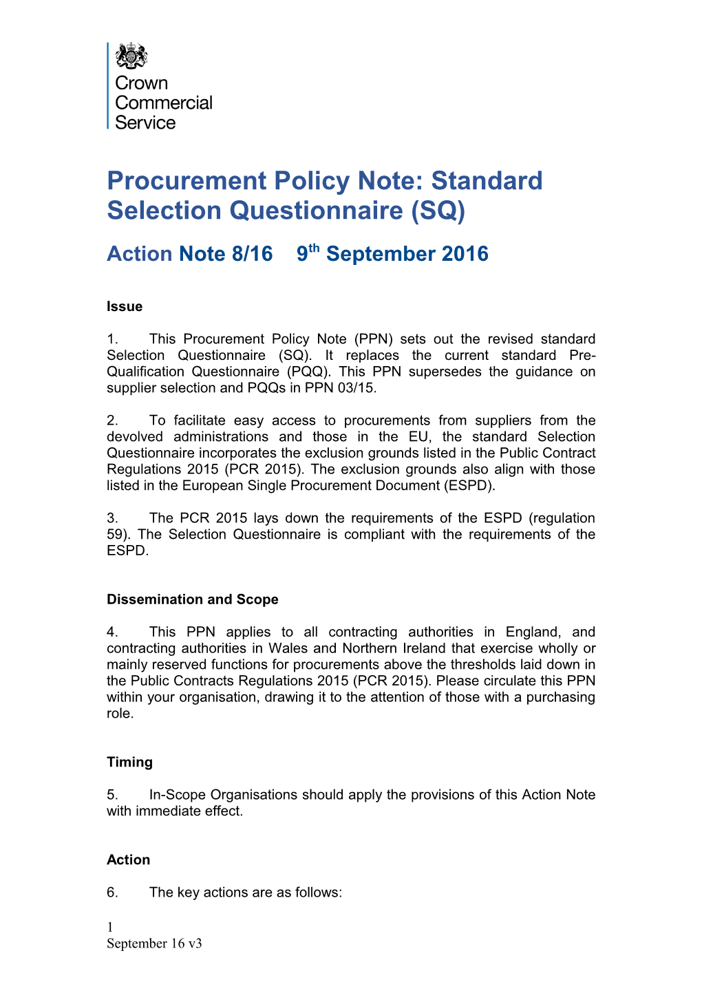 Procurement Policy Note: Standard Selection Questionnaire (SQ)
