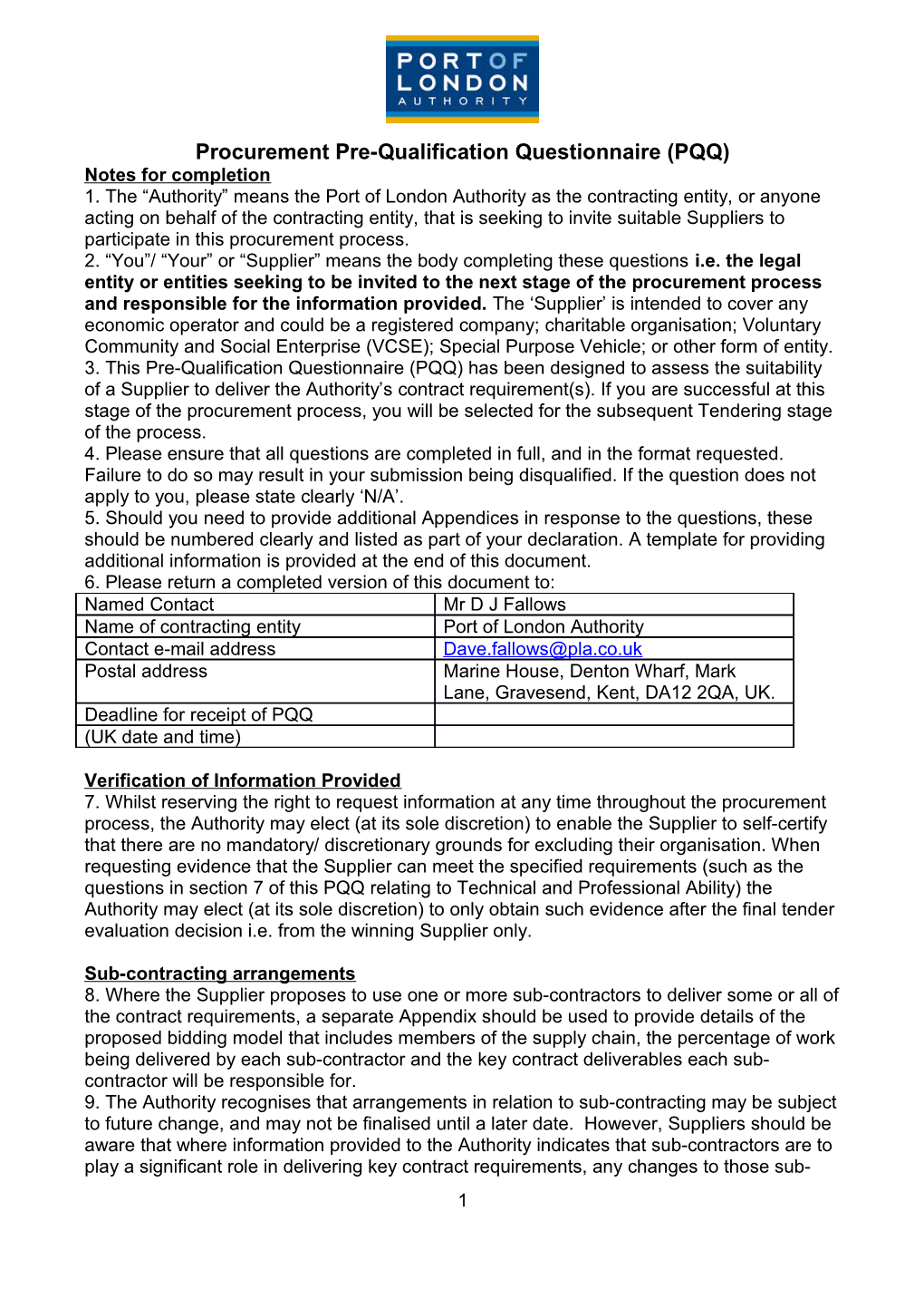 Procurement Pre Qualification Questionnaire PQQ Docest