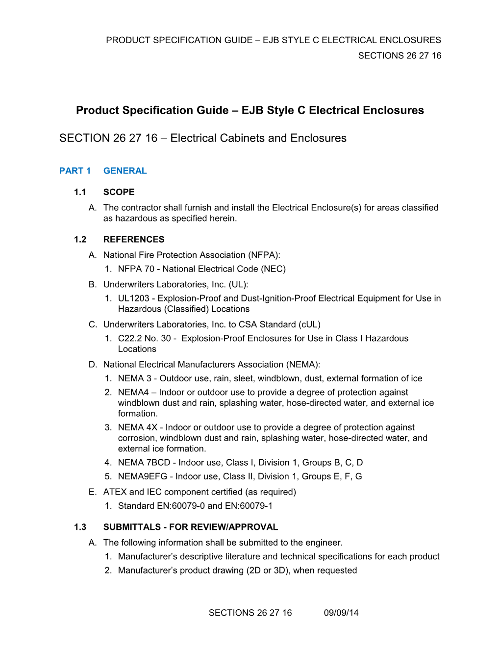 Product Specification Guide EJB Style C Electrical Enclosures