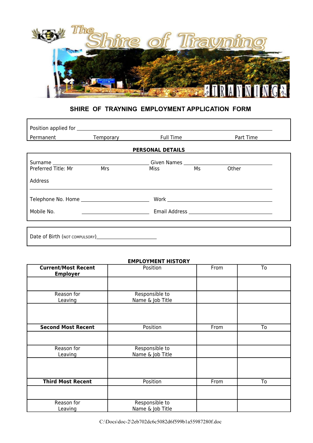 Proforma Application Form for Employment