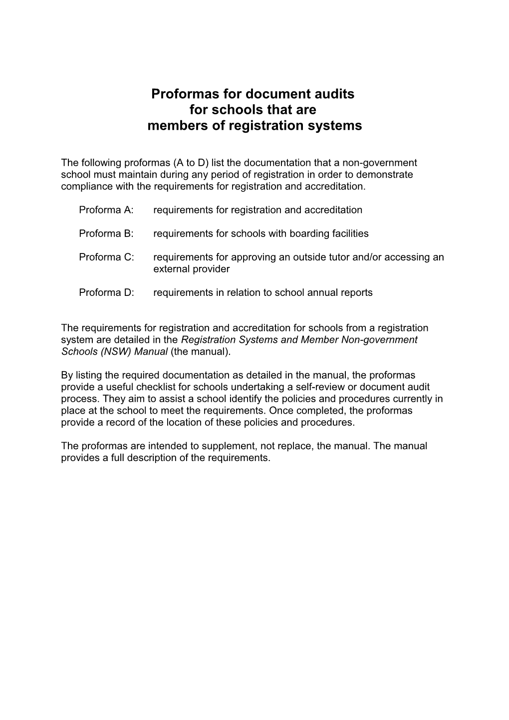 Proformas for Document Audits for Schools That Are Members of Registration Systems