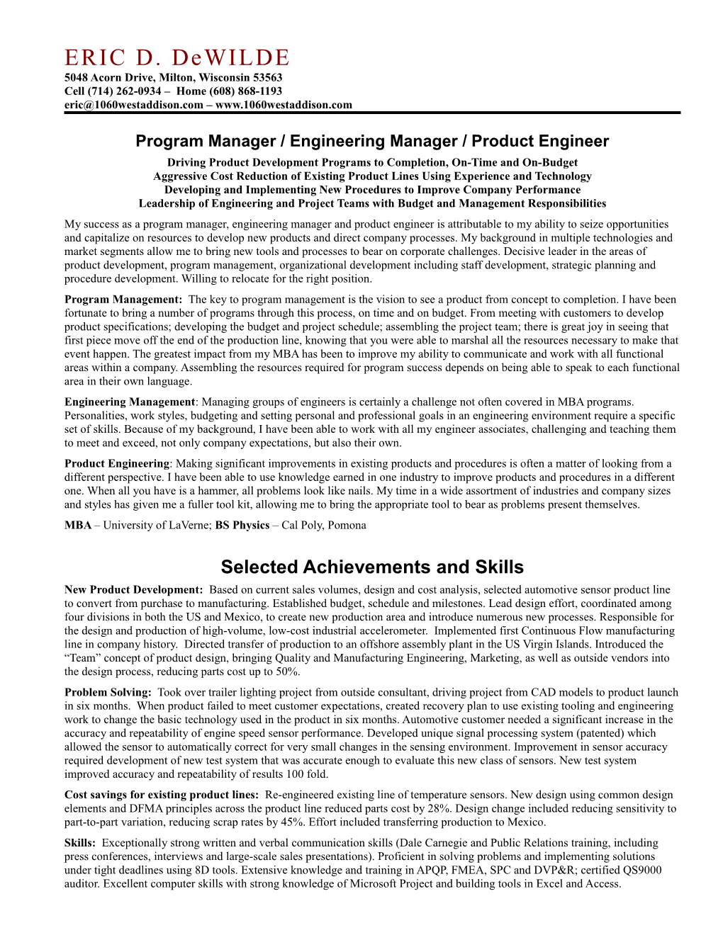 Program Manager / Engineering Manager / Product Engineer