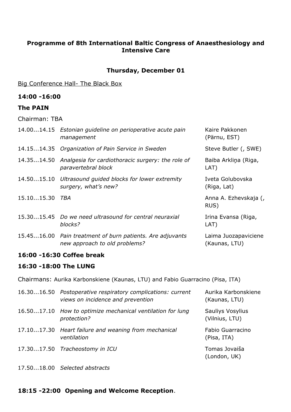 Program of 5Th International Baltic Congress of Anaesthesiology and Intensive Care
