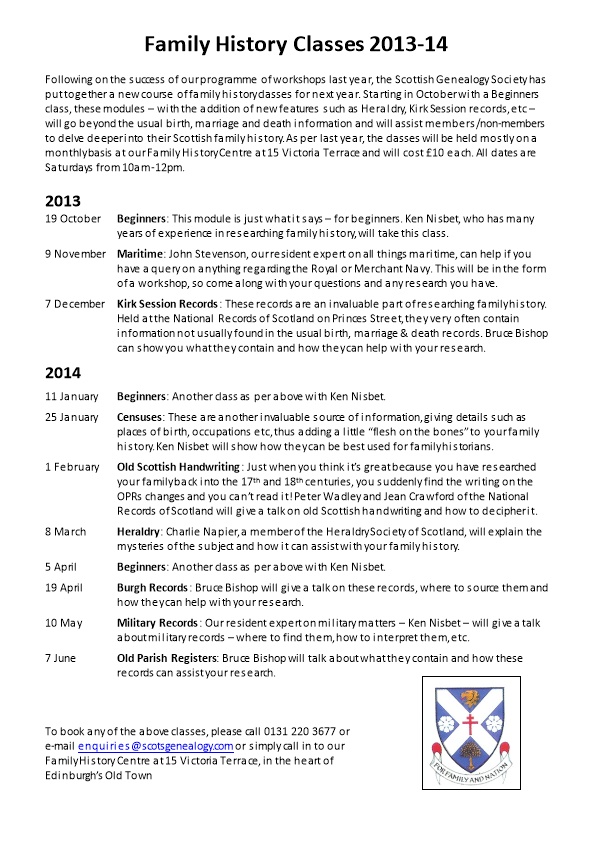 Programme of Family History Classes 2013-14