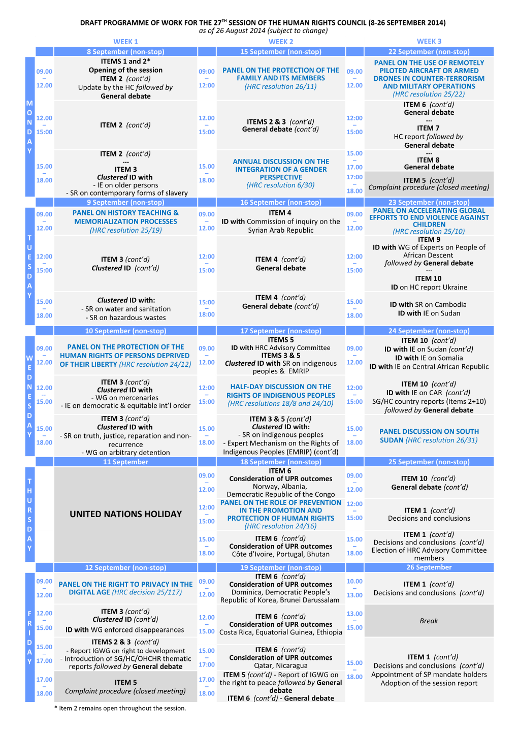 Programme of Work for the 27Th Session of the Human Rights Council in English