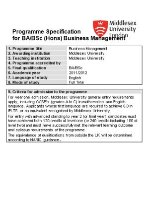 Programme Specification Forba/Bsc (Hons) Business Management