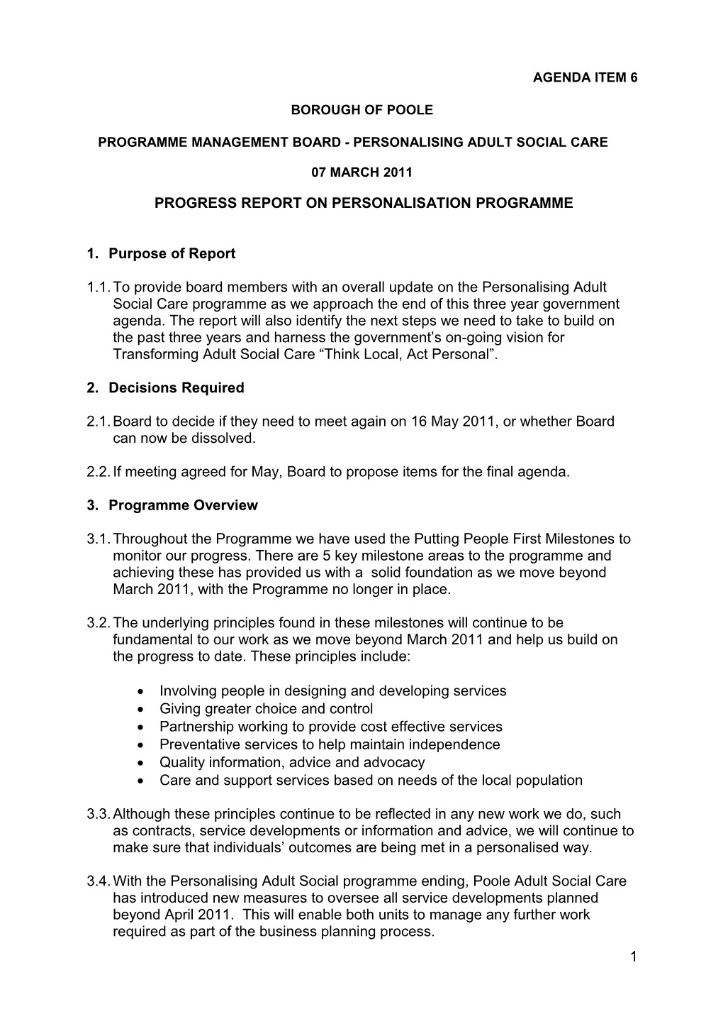 Progress Report on Personalisation Programme