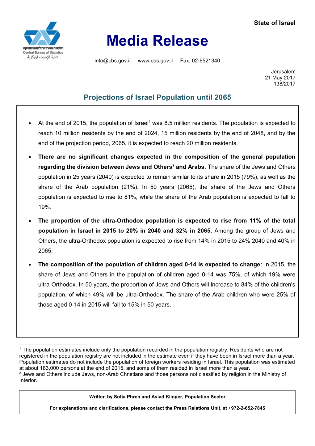 Projections of Israel Population Until 2065