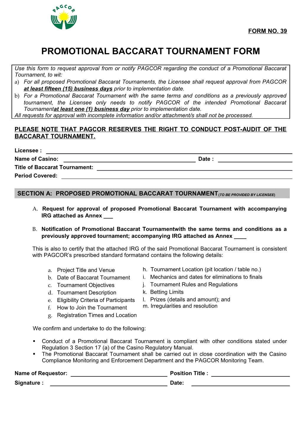 Promotional Baccarat Tournament Form