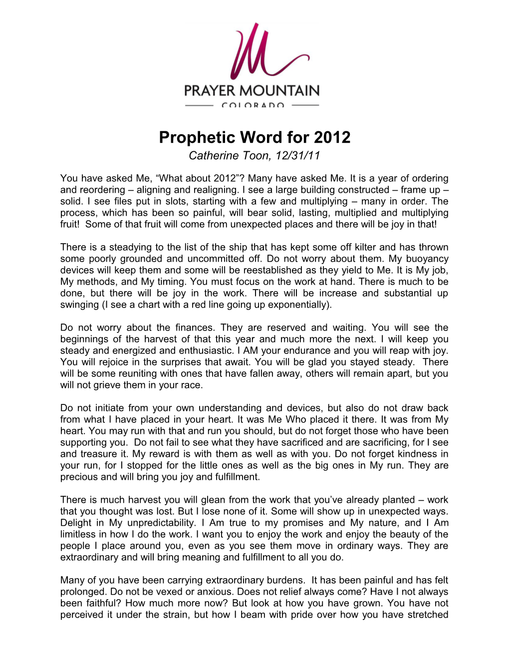 Prophetic Word for 2012 Catherine Toon, 12/31/11