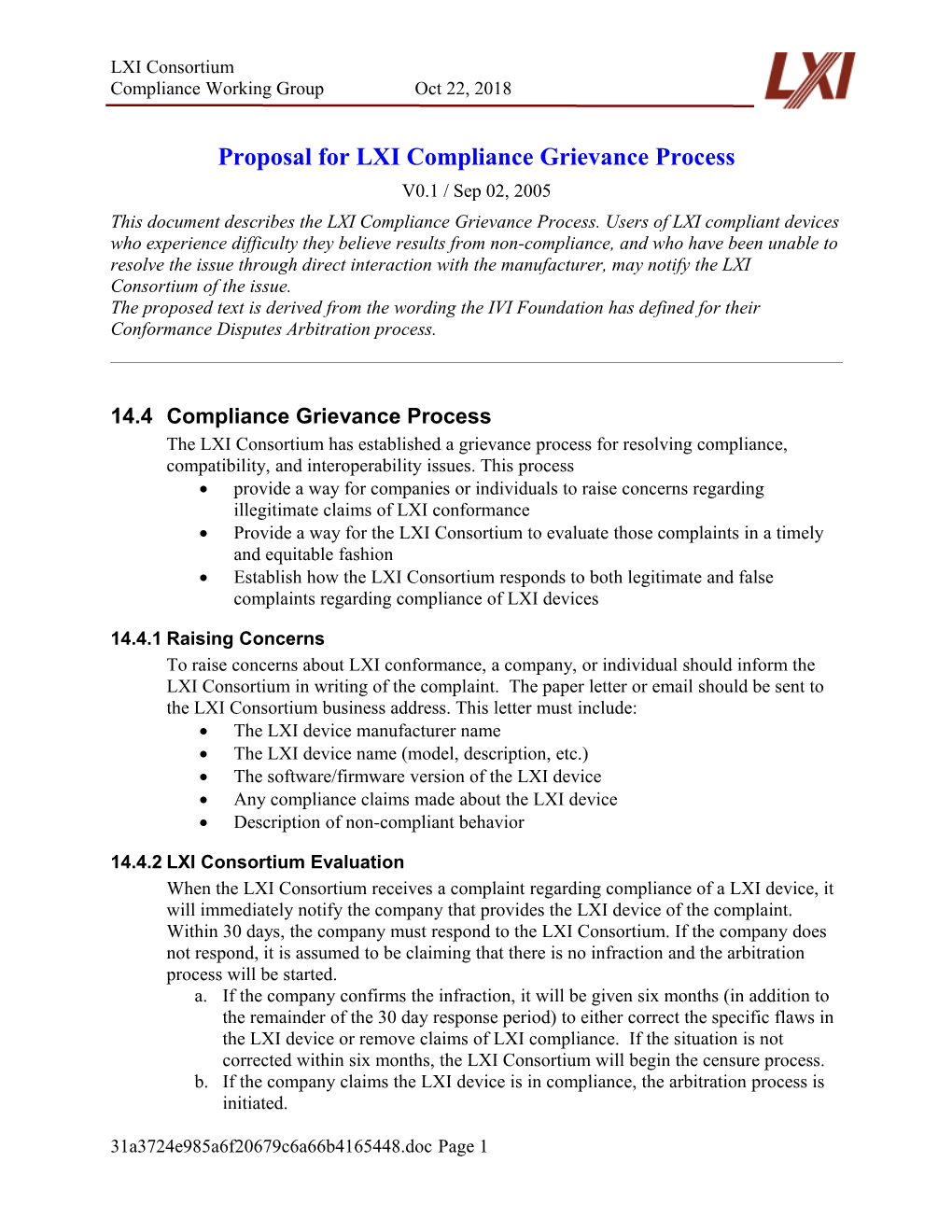 Proposal for LXI Compliance Grievance Process