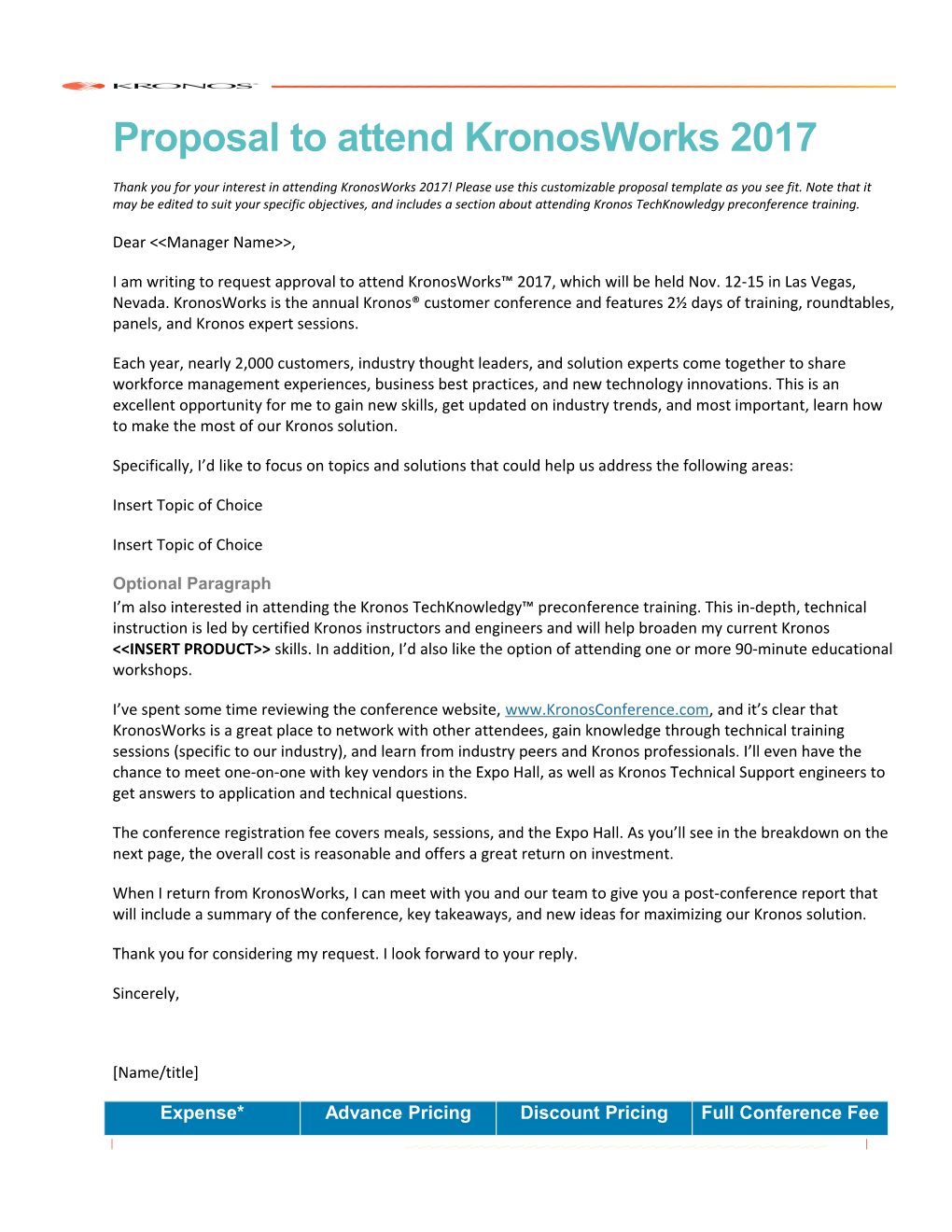 Proposal to Attend Kronosworks 2017