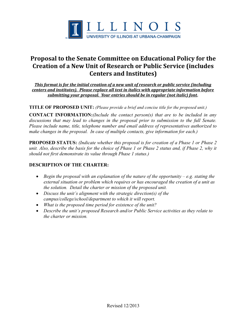 Proposal to the Senate Committee on Educational Policy for the Creation of a New Unit