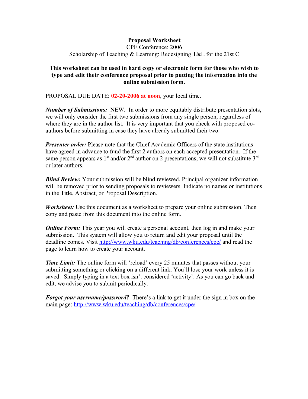 Proposal Worksheet CPE Conference: 2006 Scholarship of Teaching & Learning: Redesigning