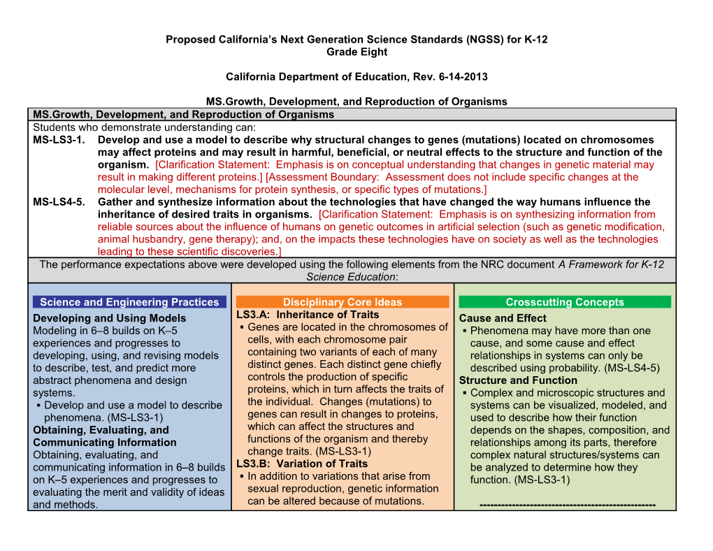 Proposed Grade 8 Standards - NGSS (CA Dept of Education)