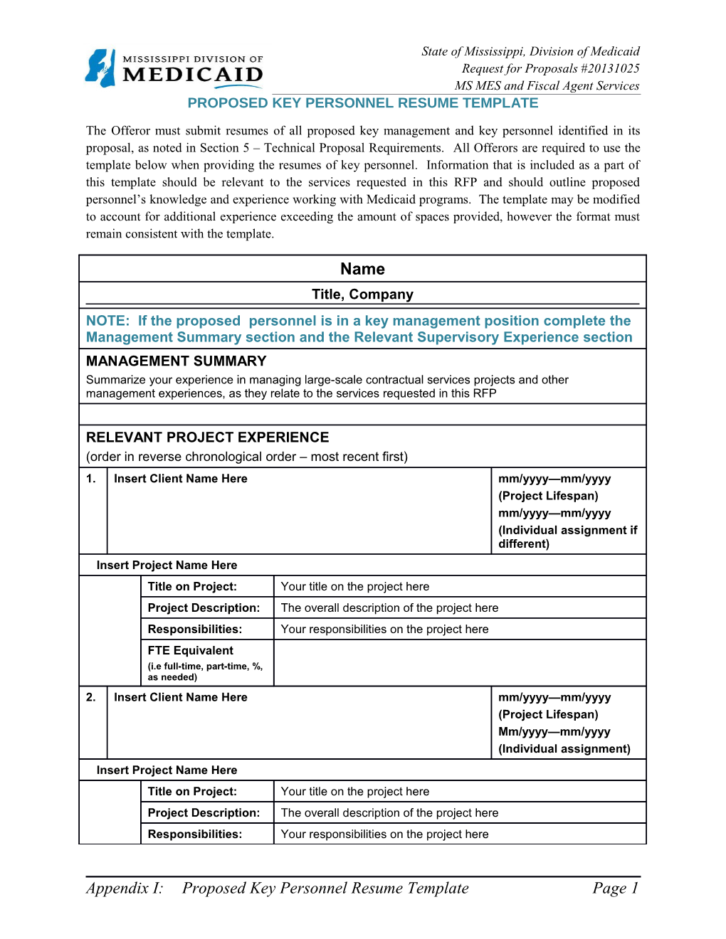PROPOSED KEY PERSONNEL Resume Template