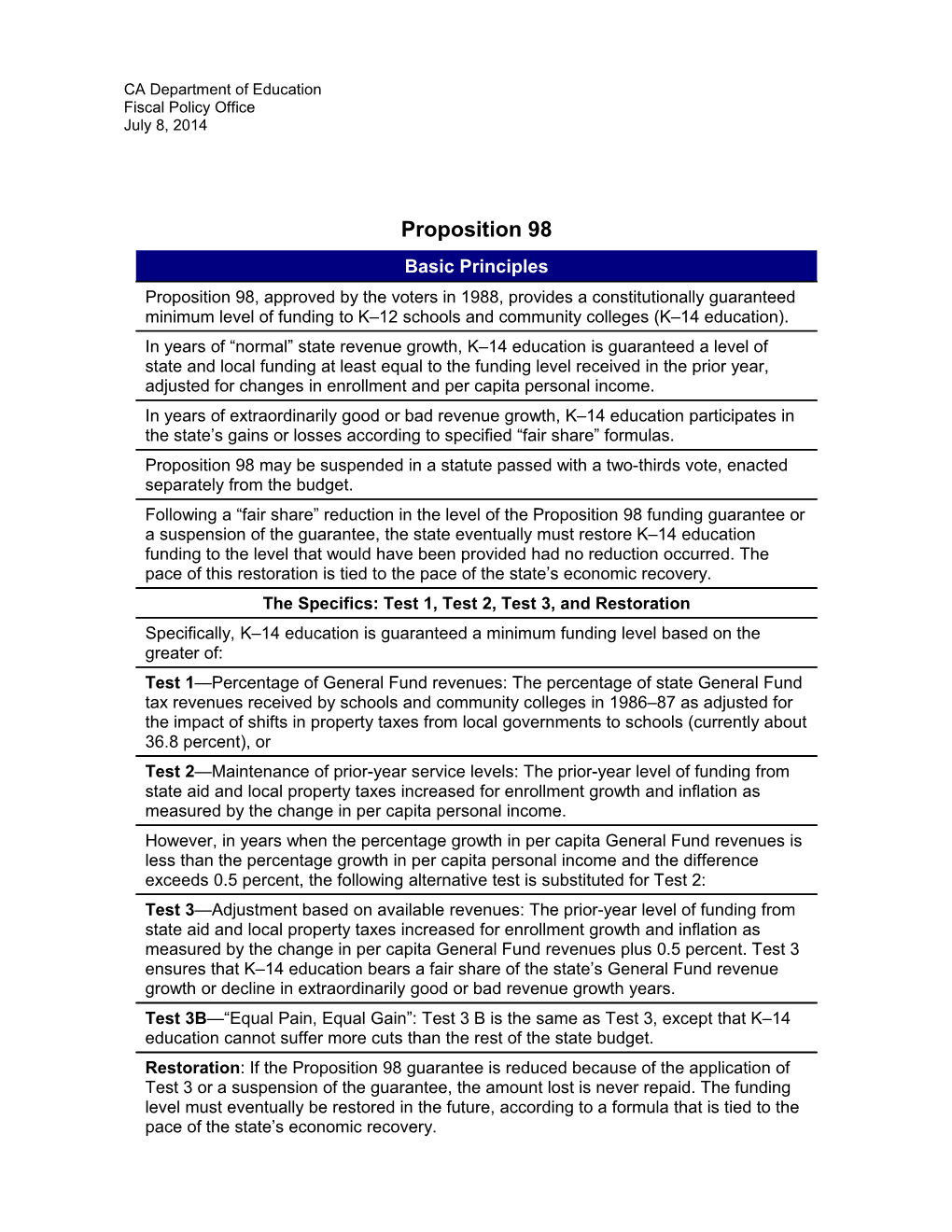 Proposition 98 Basic Principles - Education Budget (CA Dept of Education)
