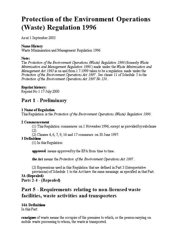 Protection of the Environment Operations (Waste) Regulation 1996