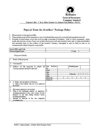 Prposal Form for Jewellers Package Policy