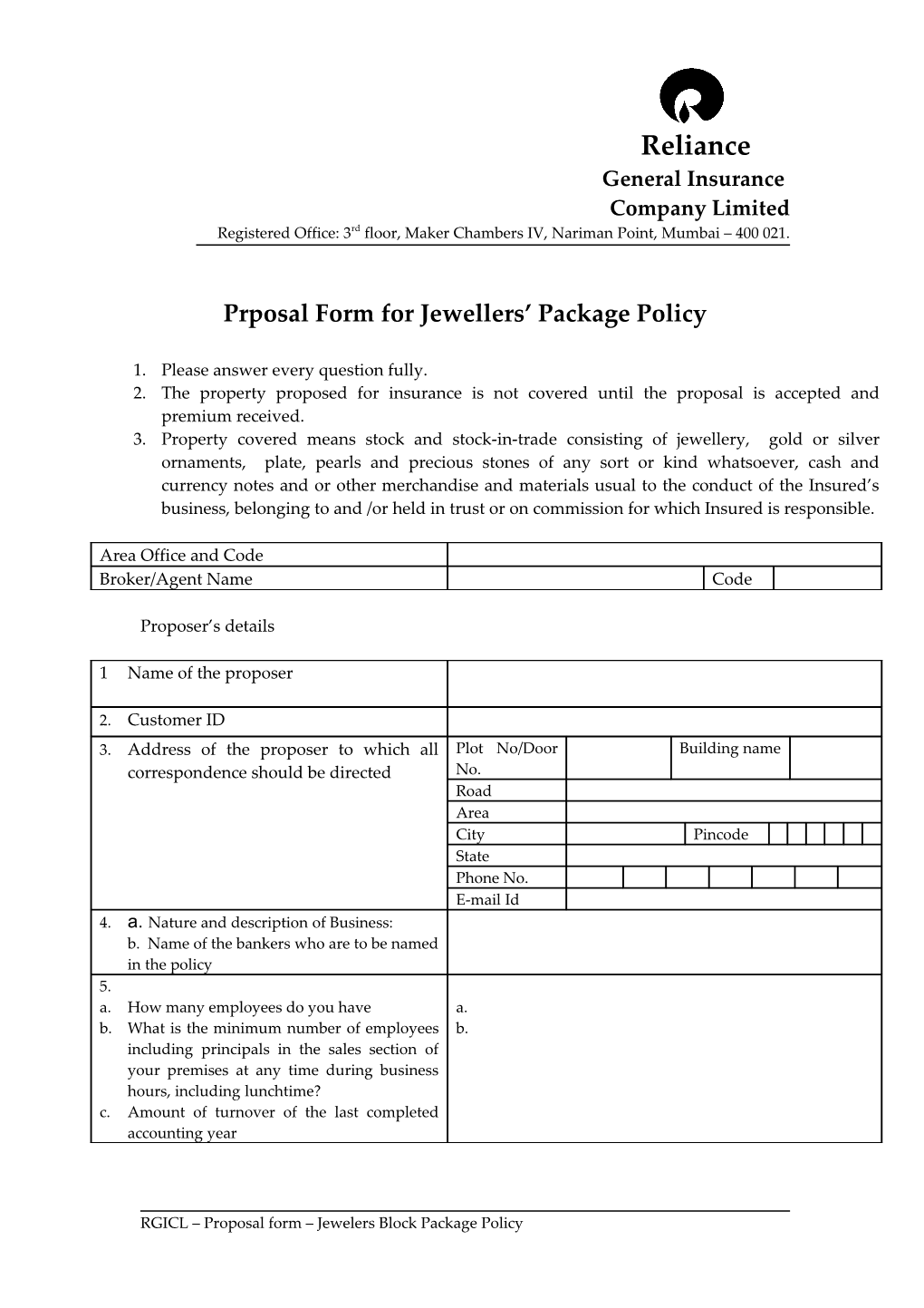Prposal Form for Jewellers Package Policy