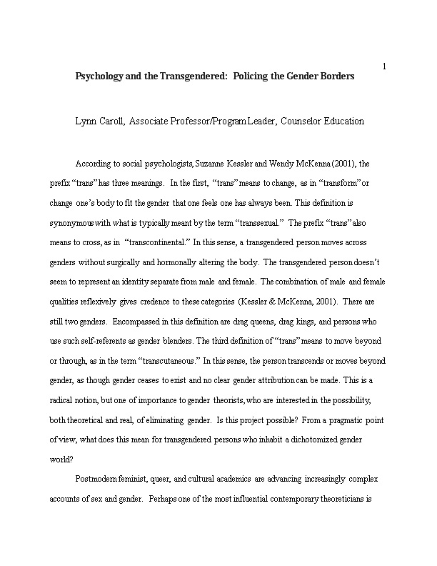 Psychology and the Transgendered: Policing the Gender Borders