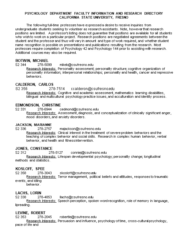 Psychology Department Faculty Information and Research Directory