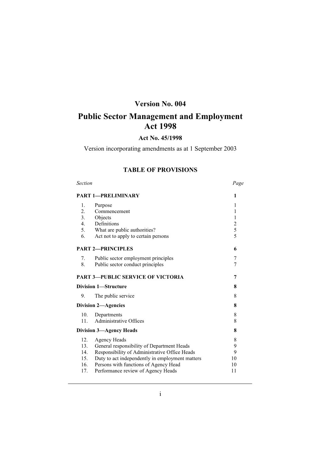 Public Sector Management and Employment Act 1998