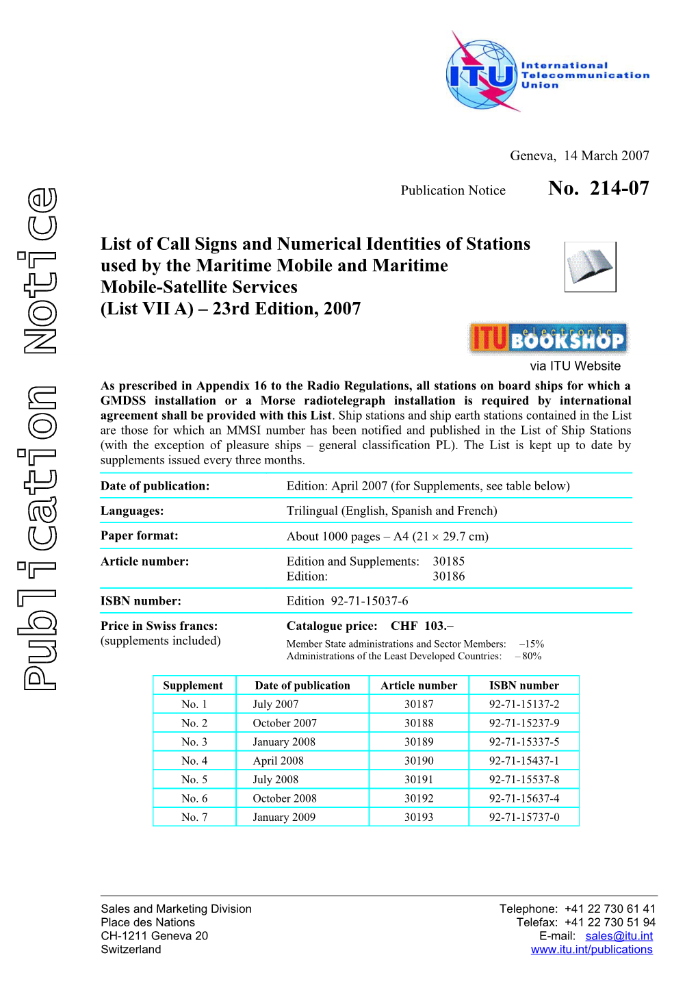 Publication Notice No. 214-07 List of Call Signs and Numerical Identities of Stations Used