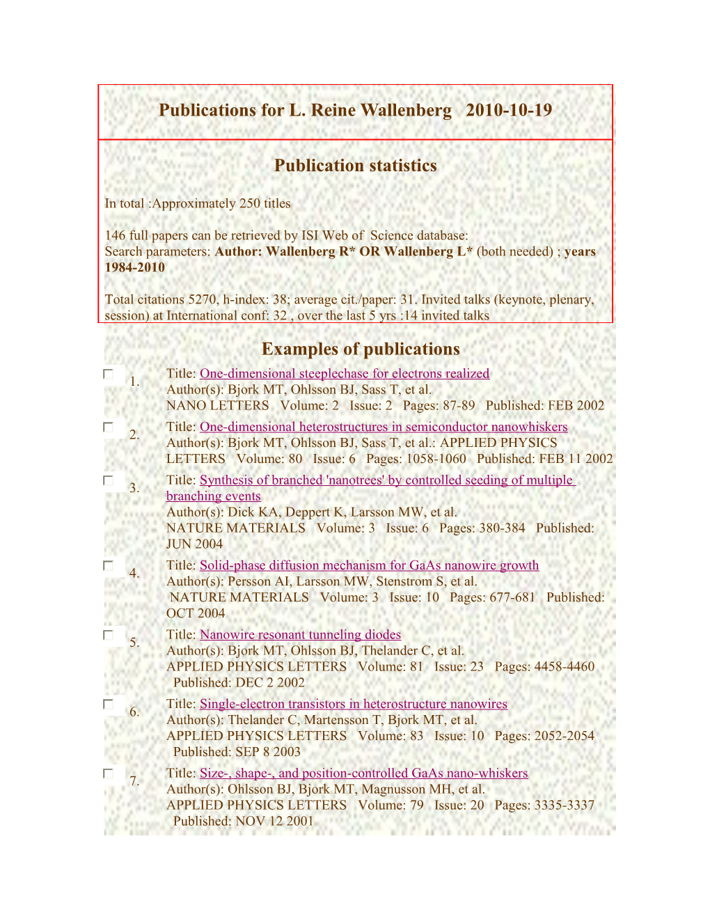 Publications for L. Reine Wallenberg 2010-10-19