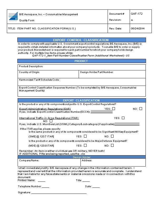 QAF-172-1 Item Part Number Classification Form (Additional Worksheet) - US