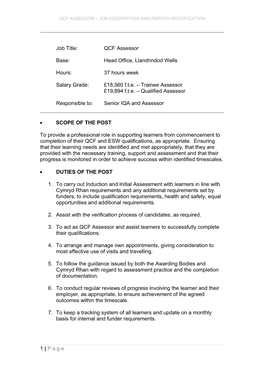 Qcf Assessor Job Description and Person Specification