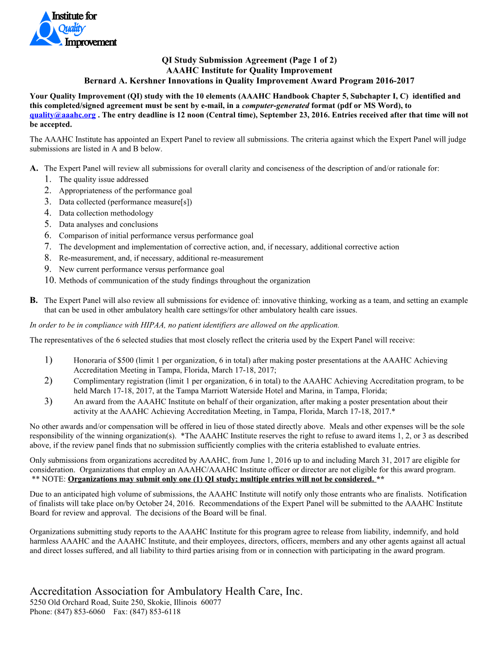 QI Study Submission Agreement (Page 1 of 2)